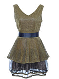 Vestido sin mangas con escote en V y cintura acampanada de tul con purpurina dorada para mujer