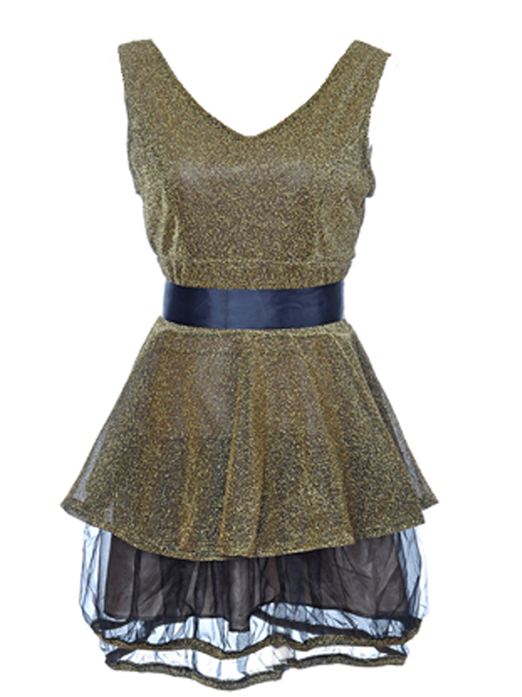 Vestido sin mangas con escote en V y cintura acampanada de tul con purpurina dorada para mujer