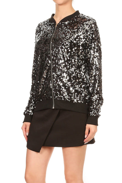 Sequin Bomber Zip-Up Jacket