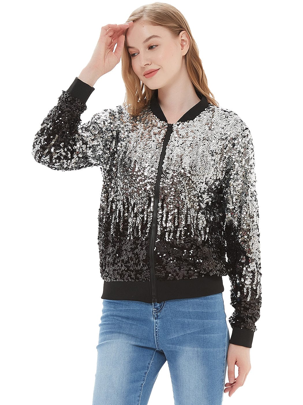 Sequin Bomber Zip-Up Jacket