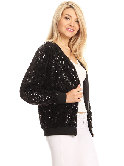 Sequin Bomber Zip-Up Jacket