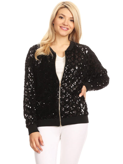 Sequin Bomber Zip-Up Jacket