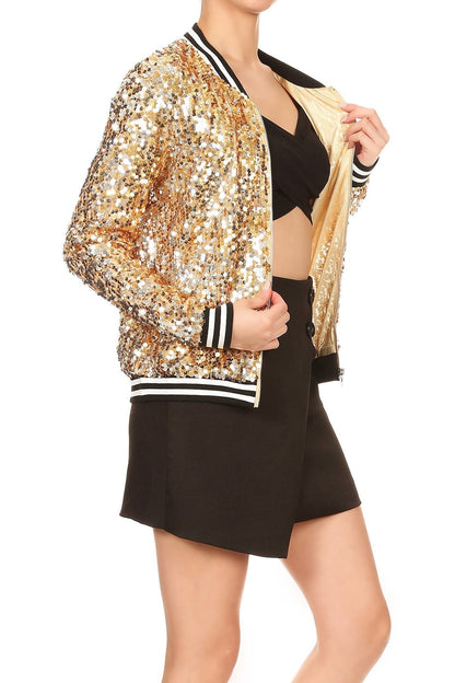 Sequin Bomber Zip-Up Jacket