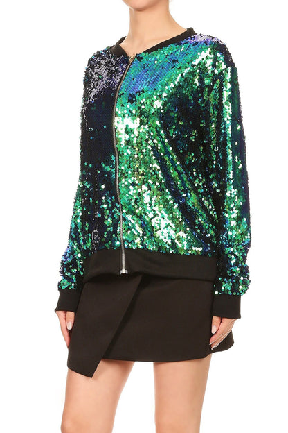 Sequin Bomber Zip-Up Jacket