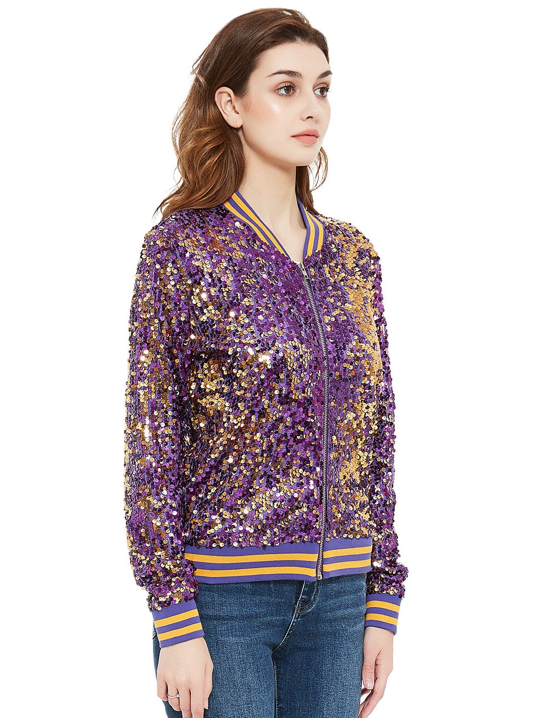 Sequin Bomber Zip-Up Jacket