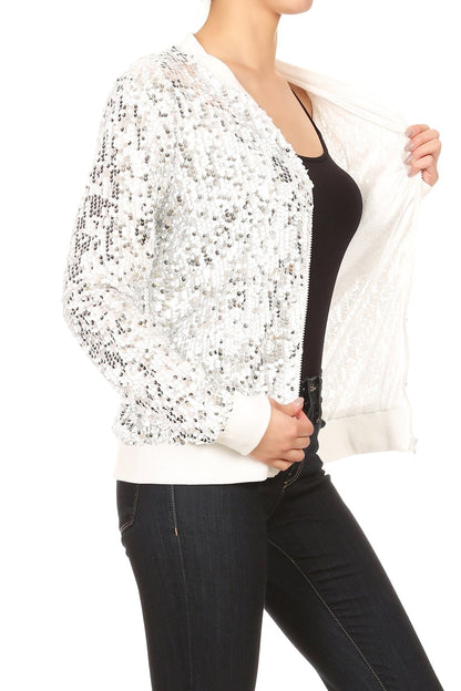 Sequin Bomber Zip-Up Jacket