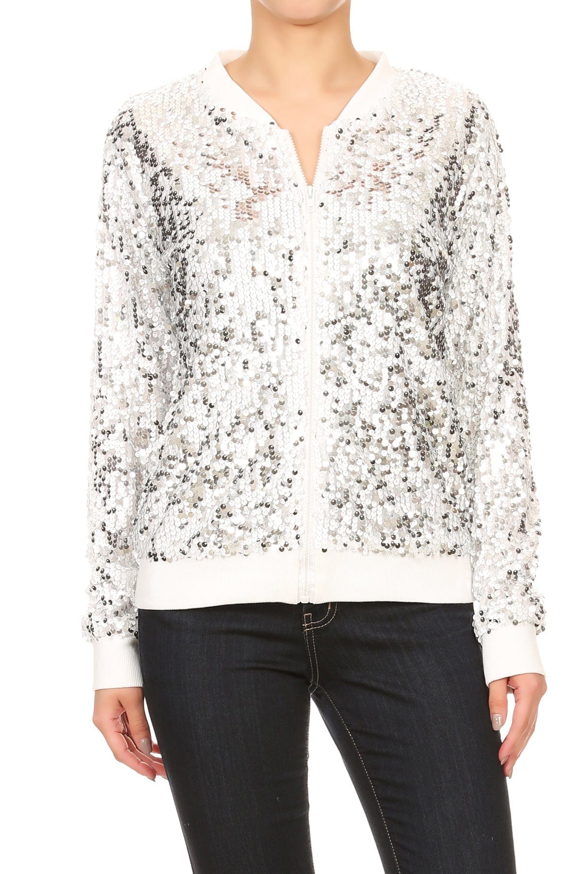 Sequin Bomber Zip-Up Jacket