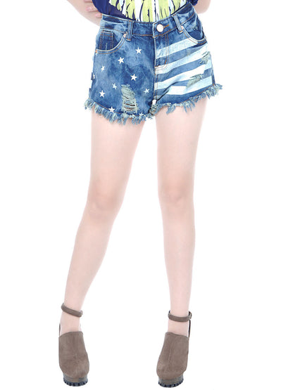 Pantalones cortos desgastados con estrellas y rayas desgastadas en azul gloria descolorida, talla S/M