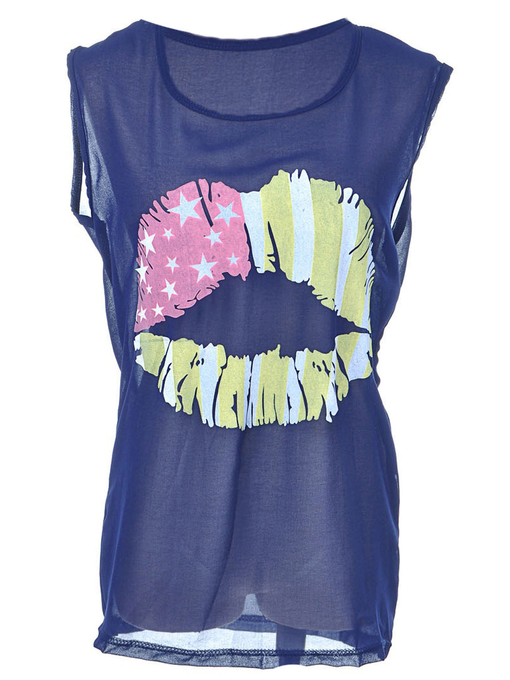 Camiseta tipo túnica semitransparente con estampado de labios patrióticos de colores azules talla S/M