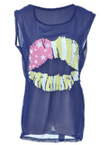 Camiseta tipo túnica semitransparente con estampado de labios patrióticos de colores azules talla S/M