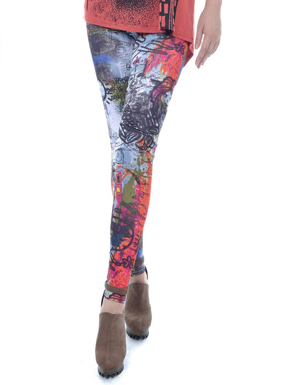 Pantalones largos ajustados multicolores con grafiti para mujer