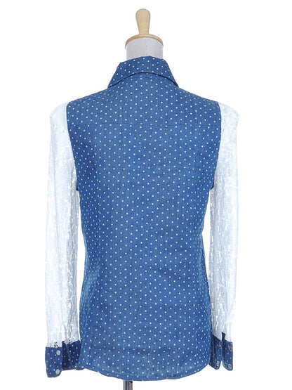 Blusa de mujer de mezclilla azul con estampado de lunares y flores, manga larga y botones