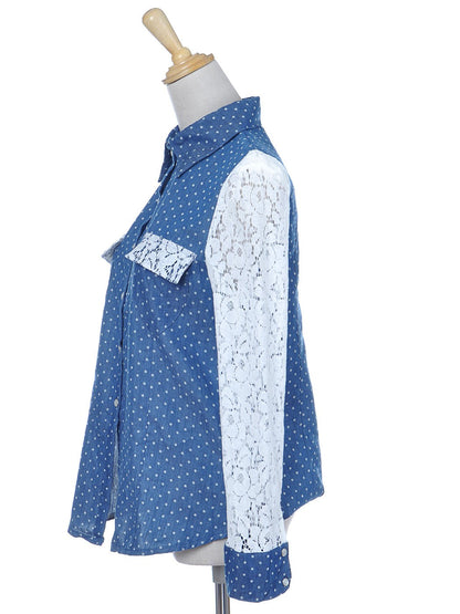 Blusa de mujer de mezclilla azul con estampado de lunares y flores, manga larga y botones