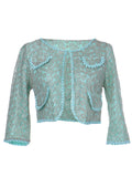 Chaqueta corta de manga larga con ojales redondos de satén vintage azul y verde para mujer