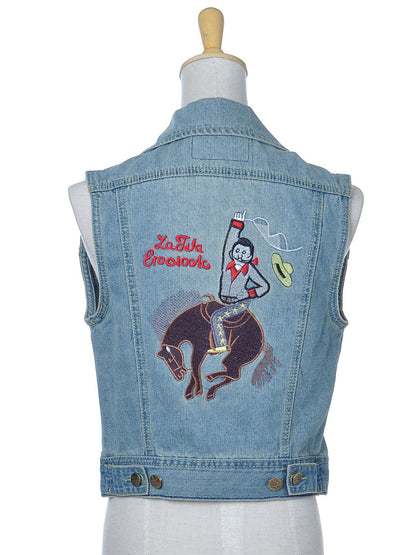 Chaleco corto de mezclilla azul arenado con corte S/M y vaquero de montar en la espalda