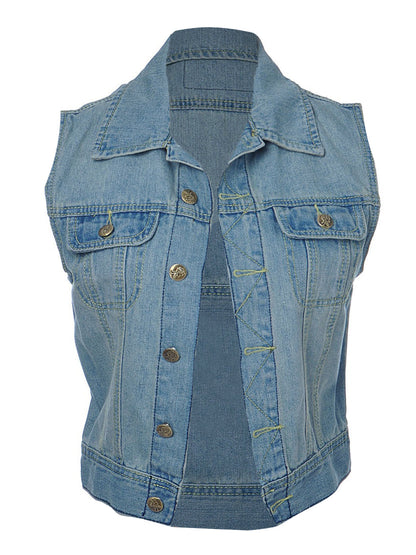 Chaleco corto de mezclilla azul arenado con corte S/M y vaquero de montar en la espalda