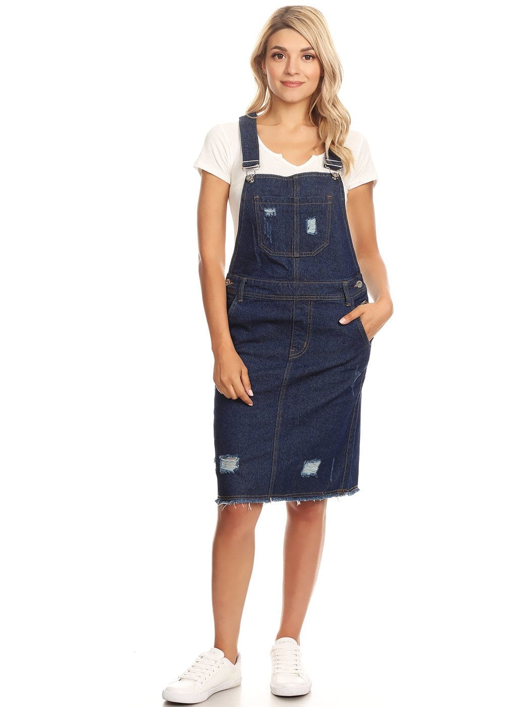 Vestido midi con peto de mezclilla desgastado
