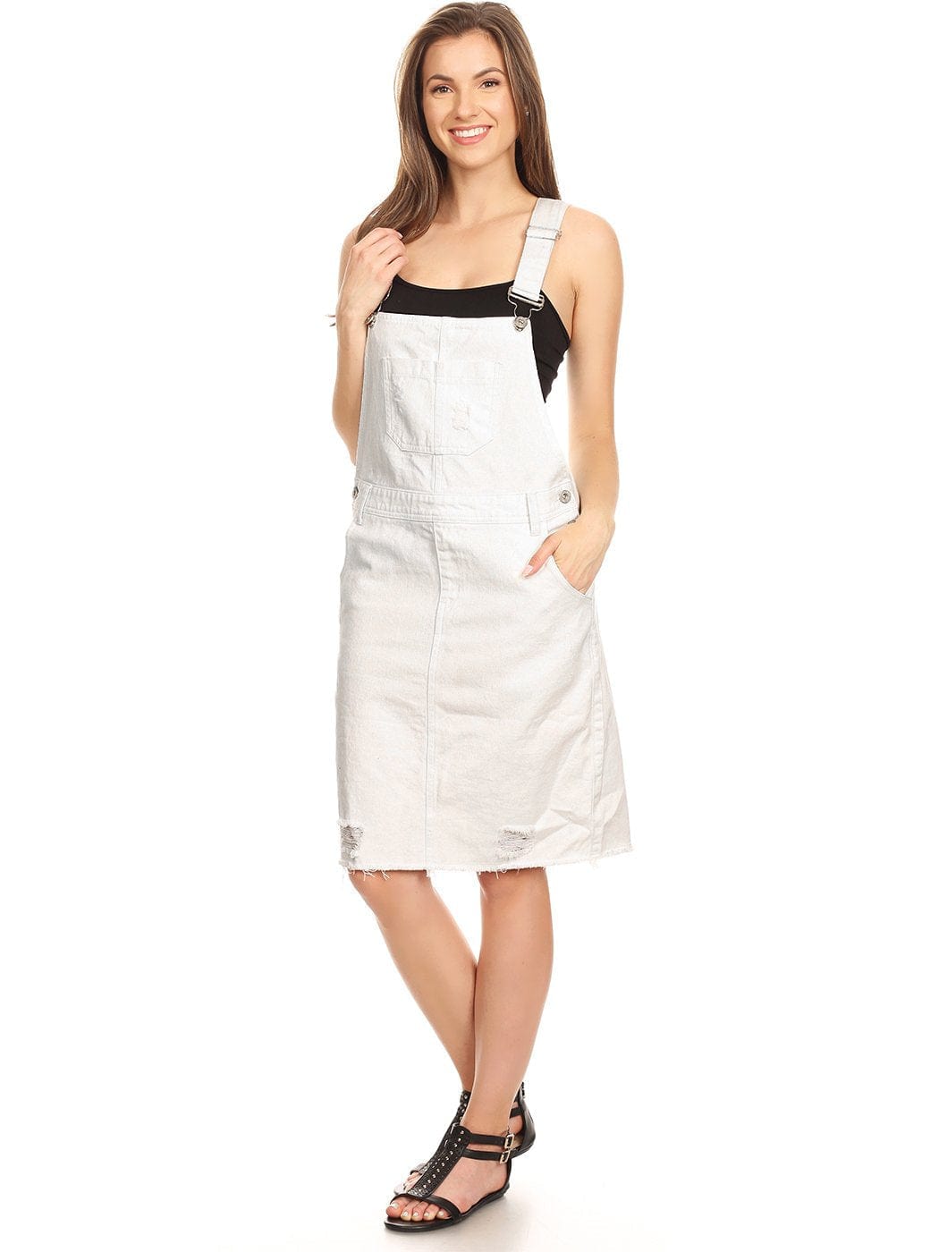 Anna-Kaci Distressed Denim Overall Midi Dress - White
