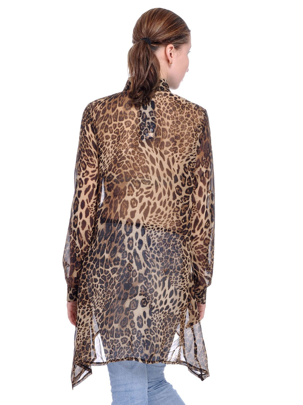 Womens Asymmetrical Sheer Brown Leopard Cheetah Print Long Sleeve Top, Multicoloured, Medium
