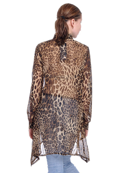 Womens Asymmetrical Sheer Brown Leopard Cheetah Print Long Sleeve Top, Multicoloured, Medium