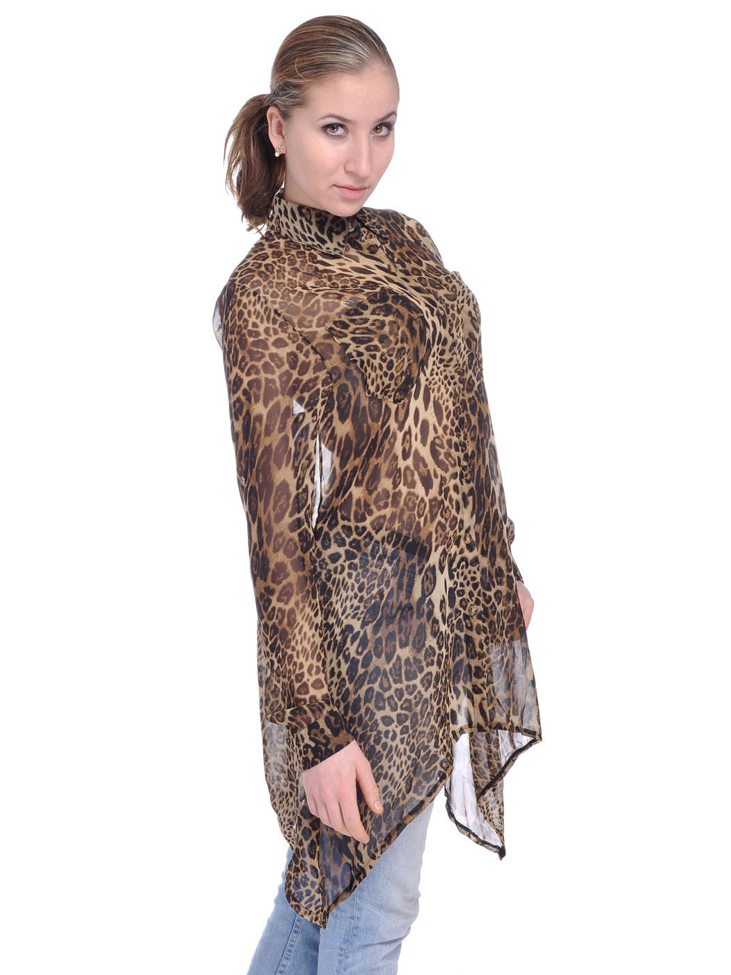 Blusa de manga larga con estampado de leopardo y guepardo en marrón transparente y asimétrica para mujer, multicolor, talla mediana