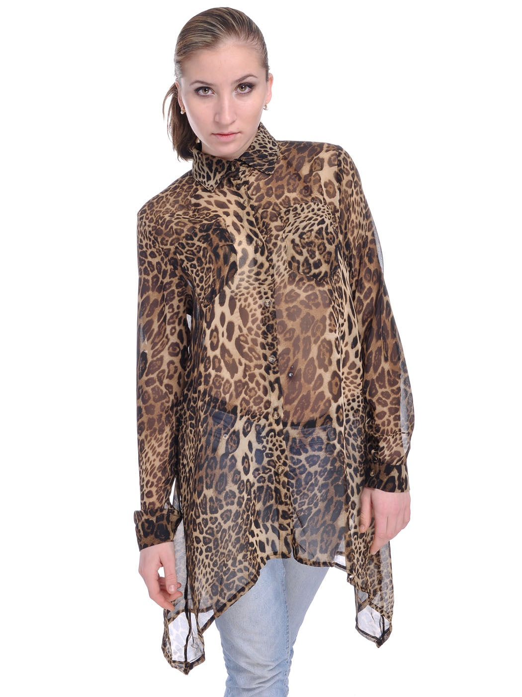 Blusa de manga larga con estampado de leopardo y guepardo en marrón transparente y asimétrica para mujer, multicolor, talla mediana