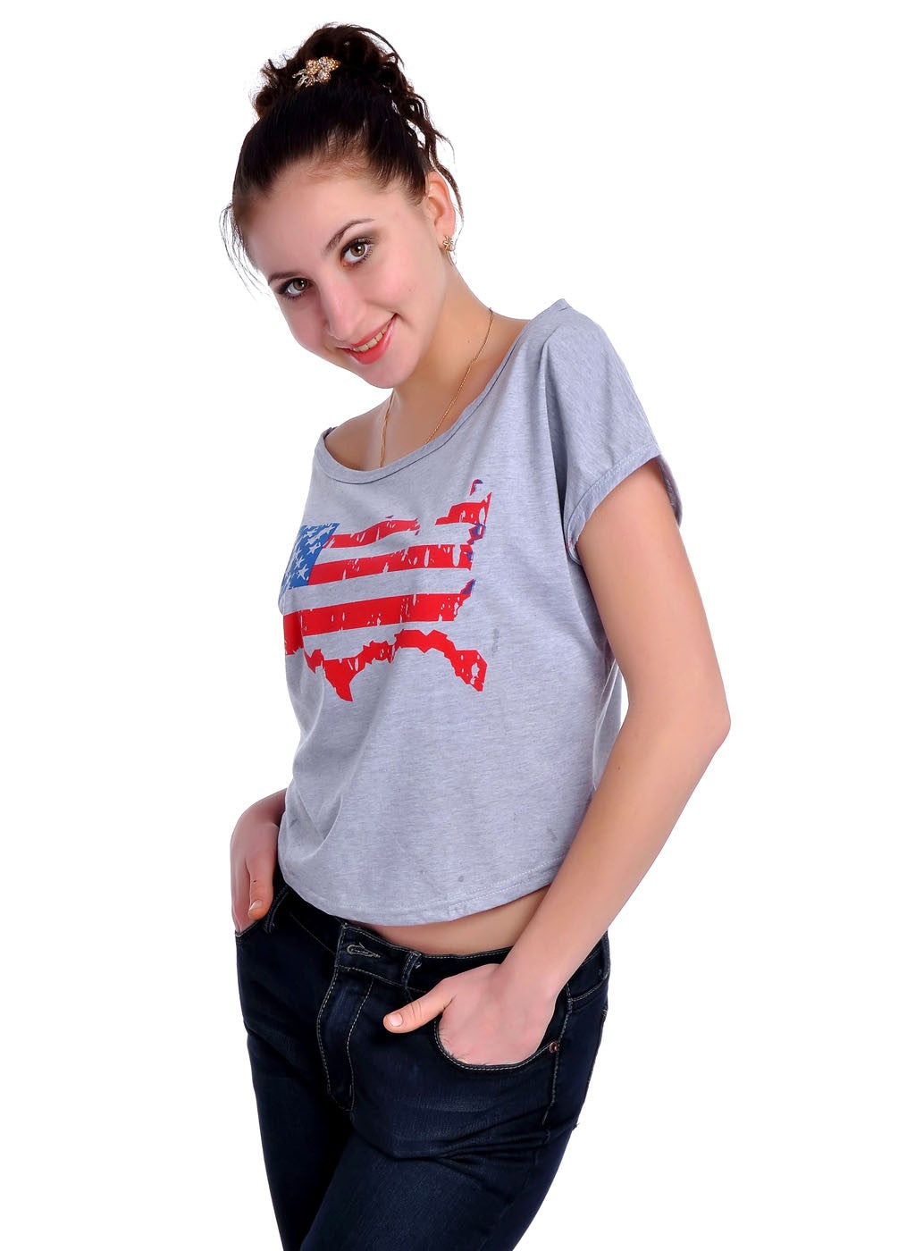 Camiseta con estampado de los colores de la bandera de los Estados Unidos de América en color gris