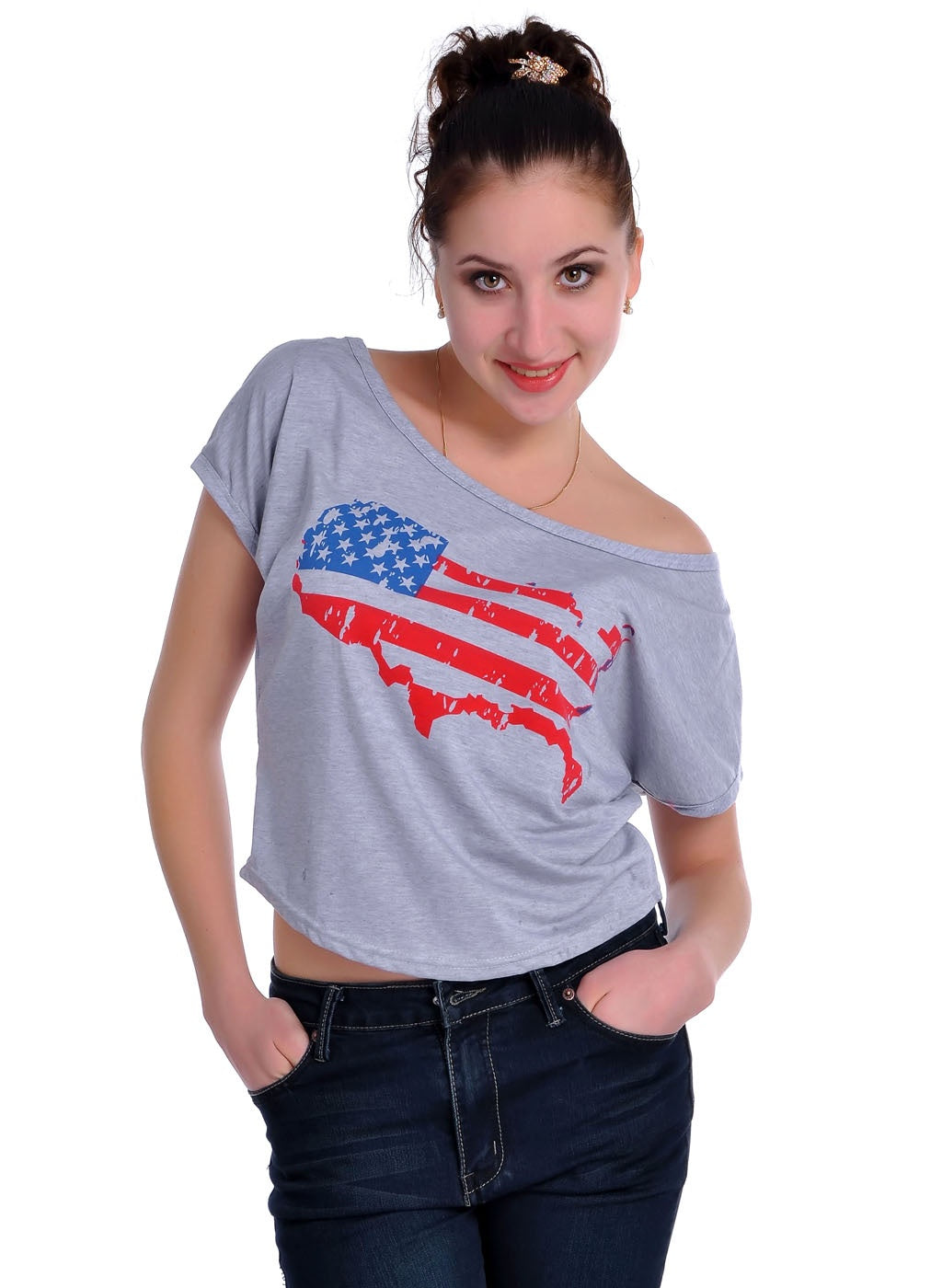 Camiseta con estampado de los colores de la bandera de los Estados Unidos de América en color gris