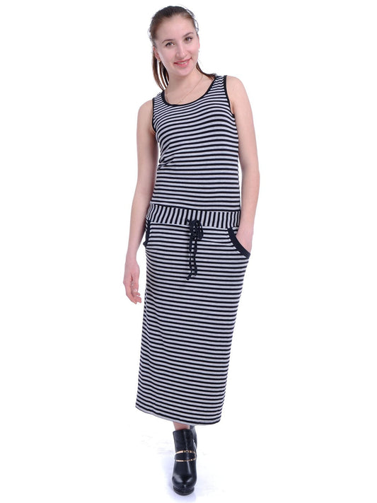 Vestido largo estilo camiseta con cintura caída y lazo a rayas blancas y negras