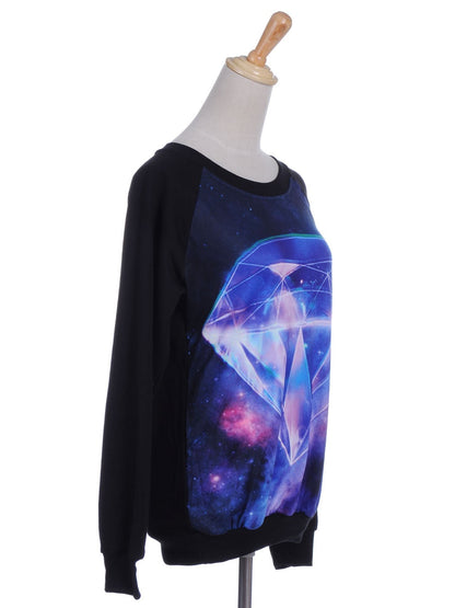 Suéter con estampado inspirado en el bosque y galaxia de diamantes grandes en color negro talla S/M