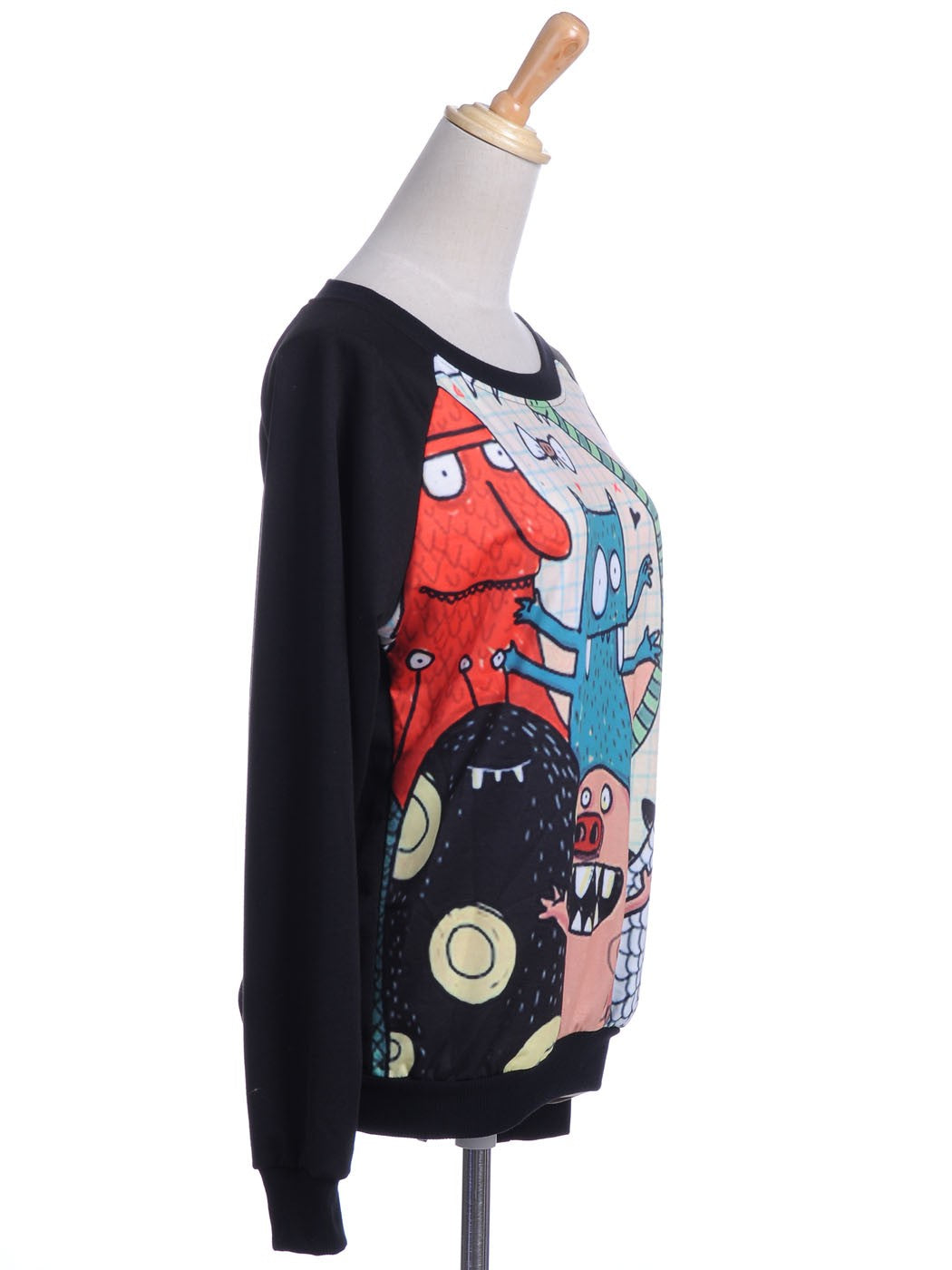 Suéter con estampado frontal de monstruos de fiesta, coloridos, lindos y locos, talla S/M, color negro
