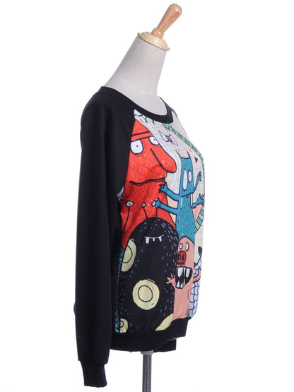 Suéter con estampado frontal de monstruos de fiesta, coloridos, lindos y locos, talla S/M, color negro