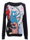 Suéter con estampado frontal de monstruos de fiesta, coloridos, lindos y locos, talla S/M, color negro