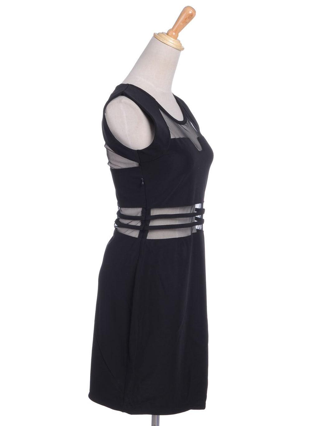 Vestido negro con escote geométrico, mangas cortas y paneles transparentes, talle S/M