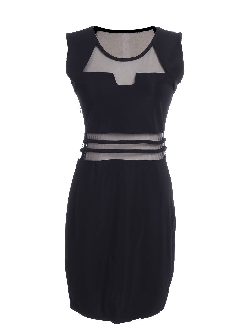 Vestido negro con escote geométrico, mangas cortas y paneles transparentes, talle S/M