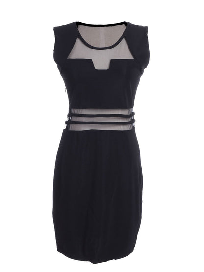 Vestido negro con escote geométrico, mangas cortas y paneles transparentes, talle S/M