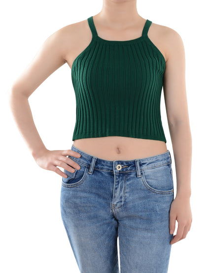 Anna-Kaci Slim Non-Restrictive Stretch Spaghetti Strap Ribbed Knit Crop Tank Top