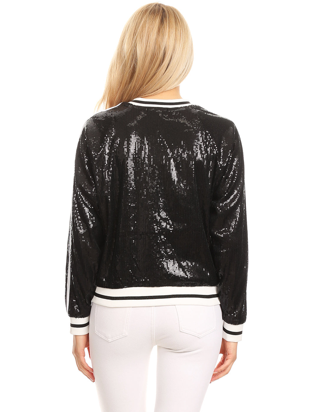 Chaqueta universitaria con lentejuelas metálicas a rayas