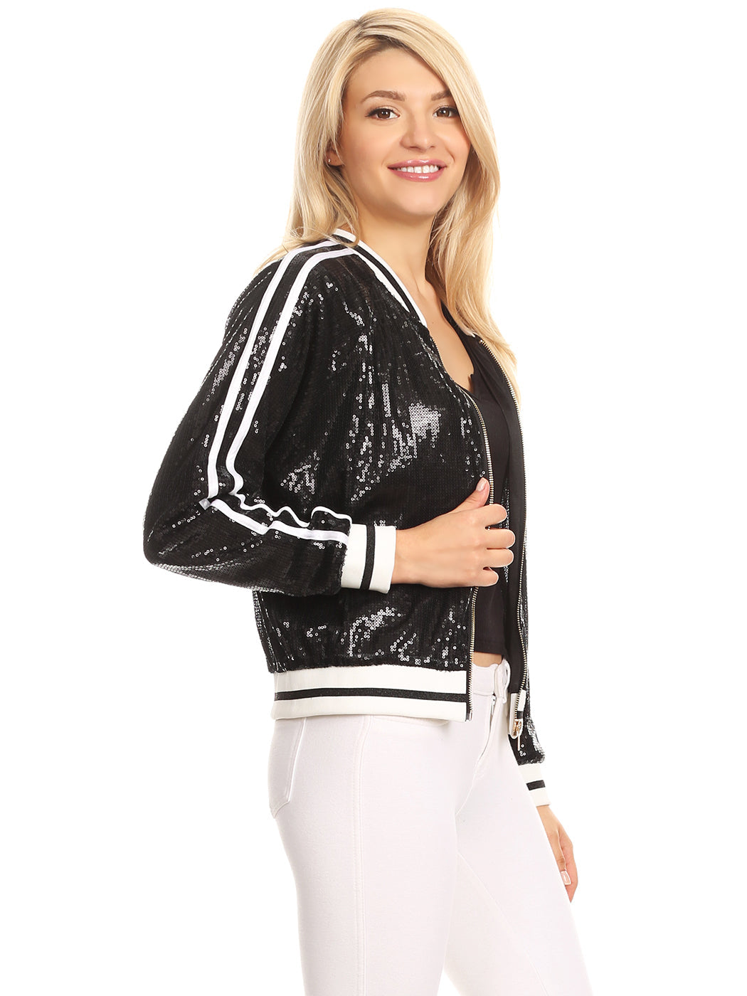 Chaqueta universitaria con lentejuelas metálicas a rayas