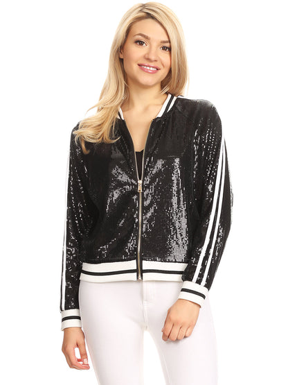 Chaqueta universitaria con lentejuelas metálicas a rayas