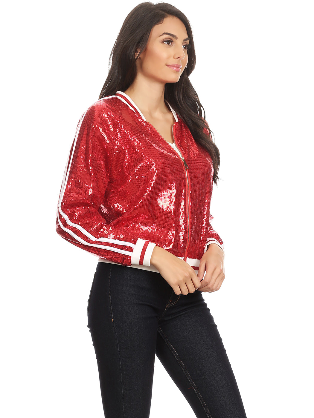 Chaqueta universitaria con lentejuelas metálicas a rayas