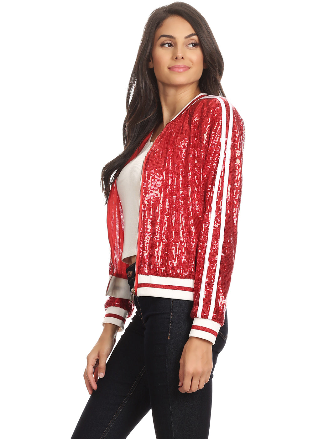 Chaqueta universitaria con lentejuelas metálicas a rayas
