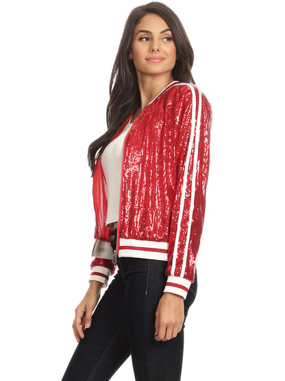 Chaqueta universitaria con lentejuelas metálicas a rayas