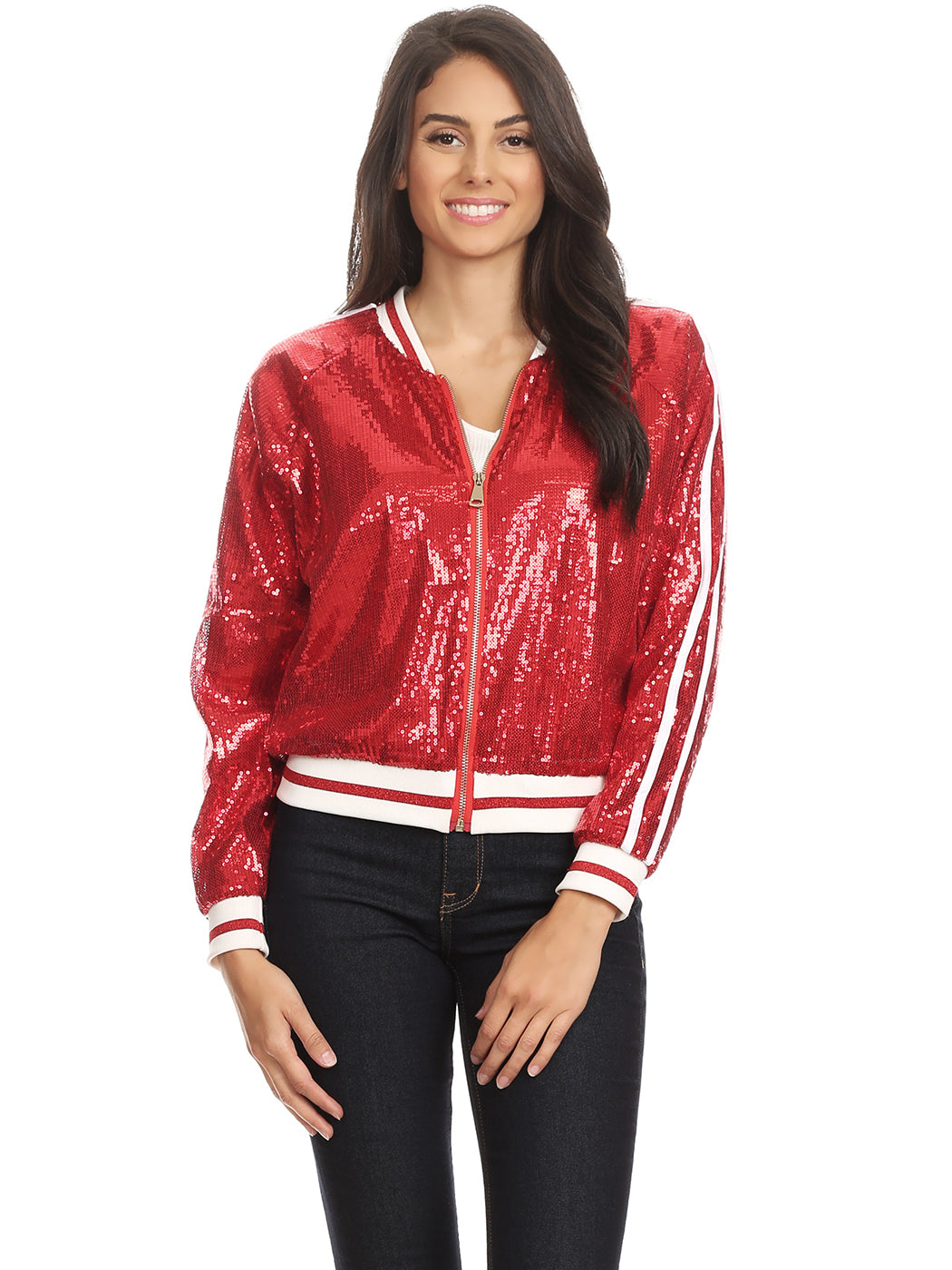 Chaqueta universitaria con lentejuelas metálicas a rayas