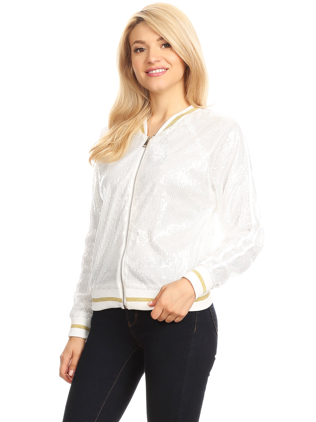 Chaqueta universitaria con lentejuelas metálicas a rayas