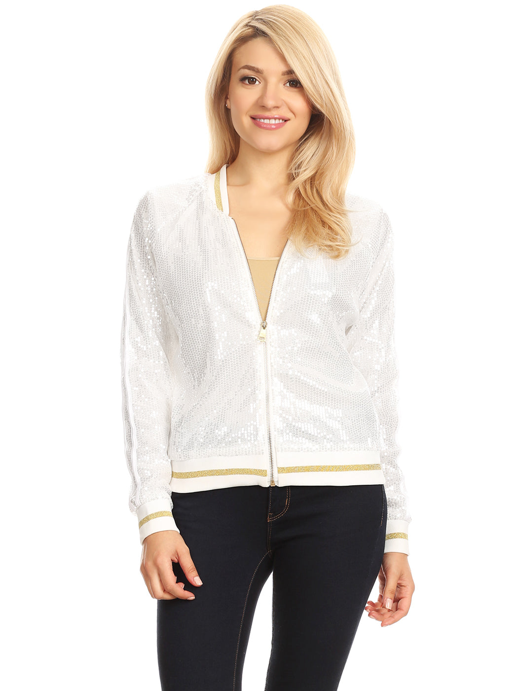 Chaqueta universitaria con lentejuelas metálicas a rayas