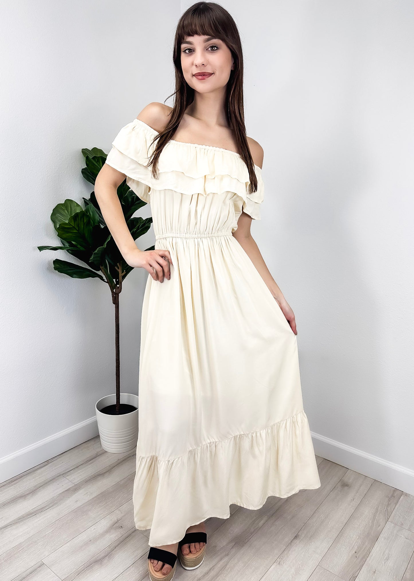 Grecian Ruffle Stretch Maxi Long Dress
