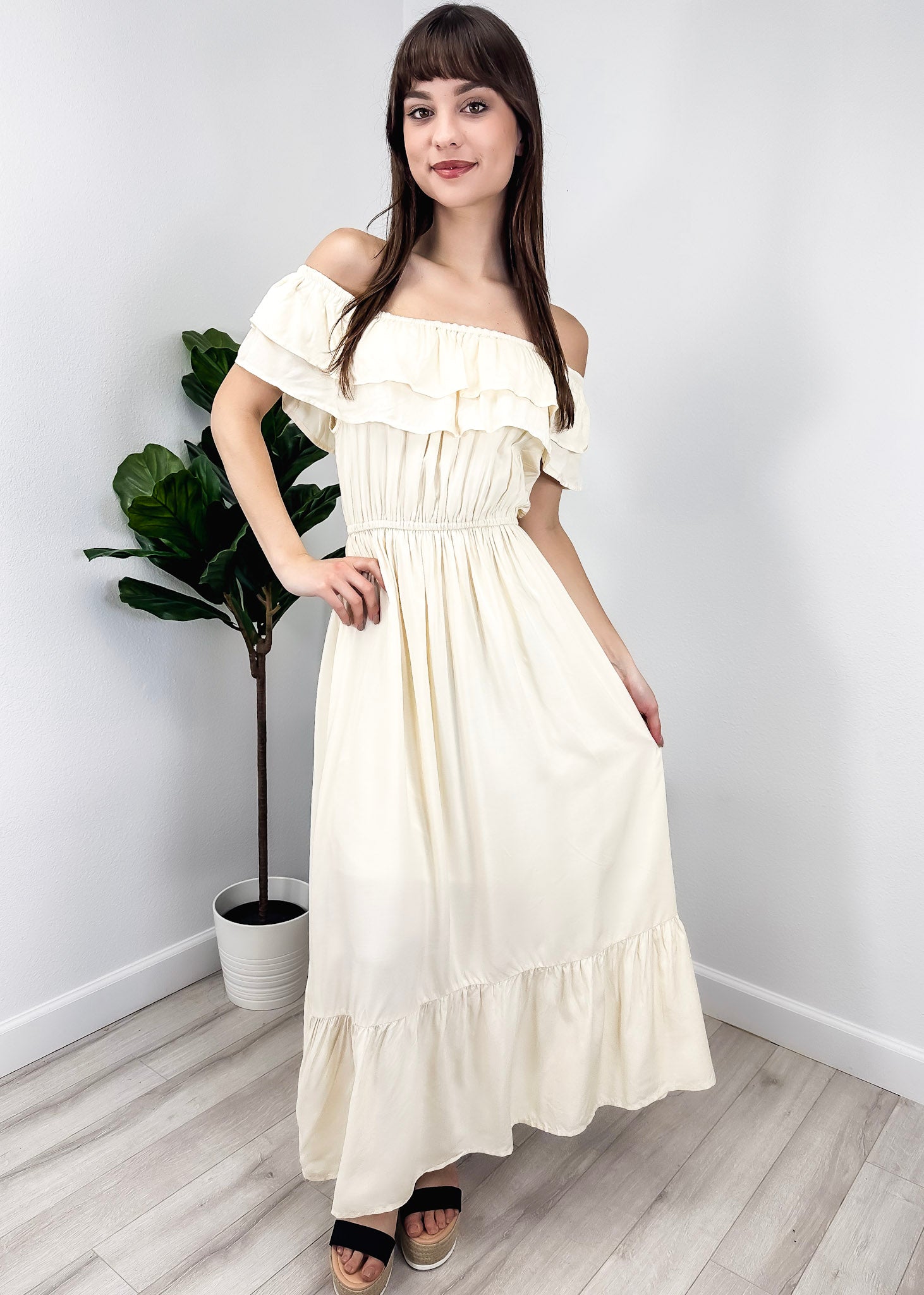 Vestido largo elástico con volantes de estilo griego
