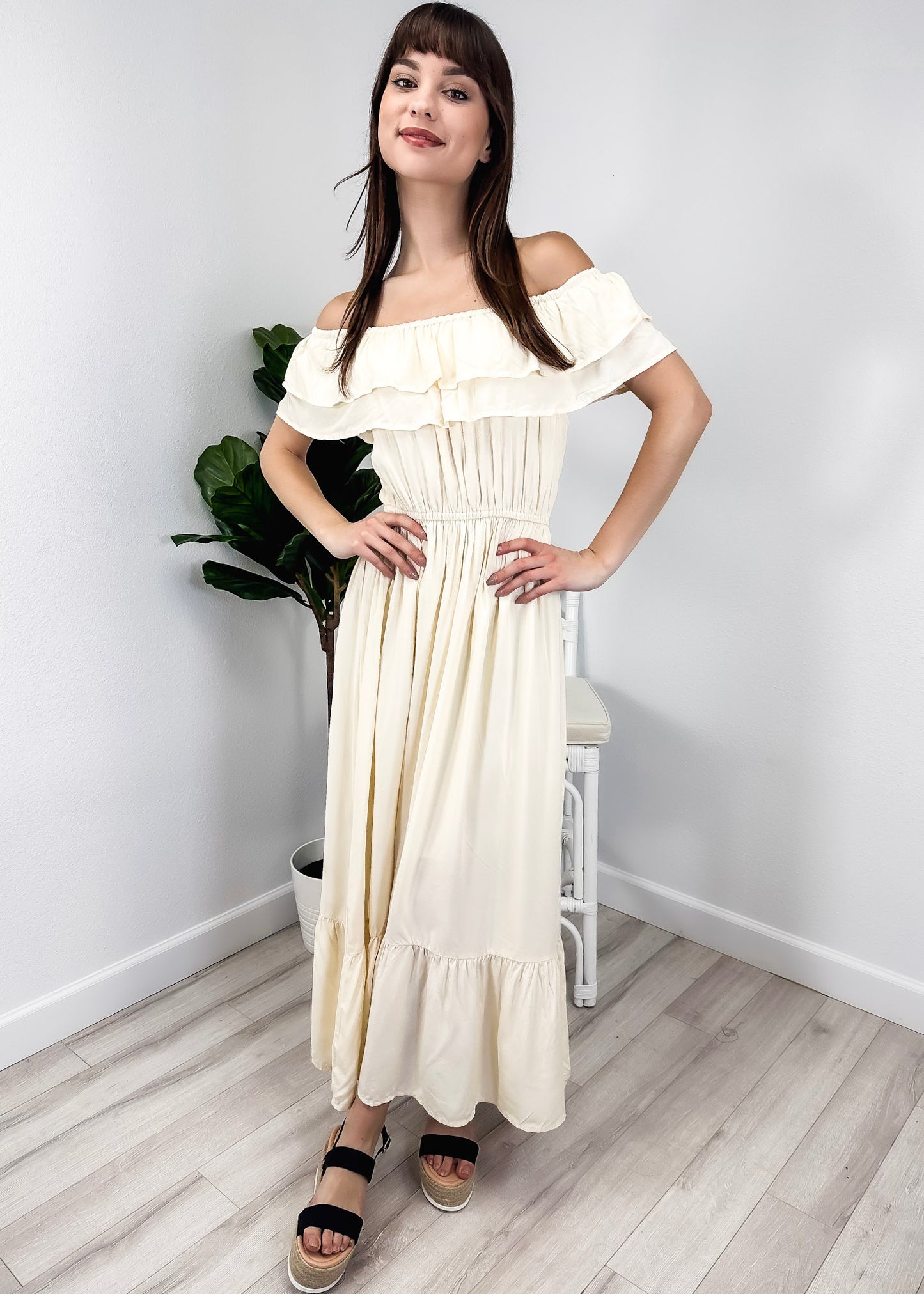 Grecian Ruffle Stretch Maxi Long Dress