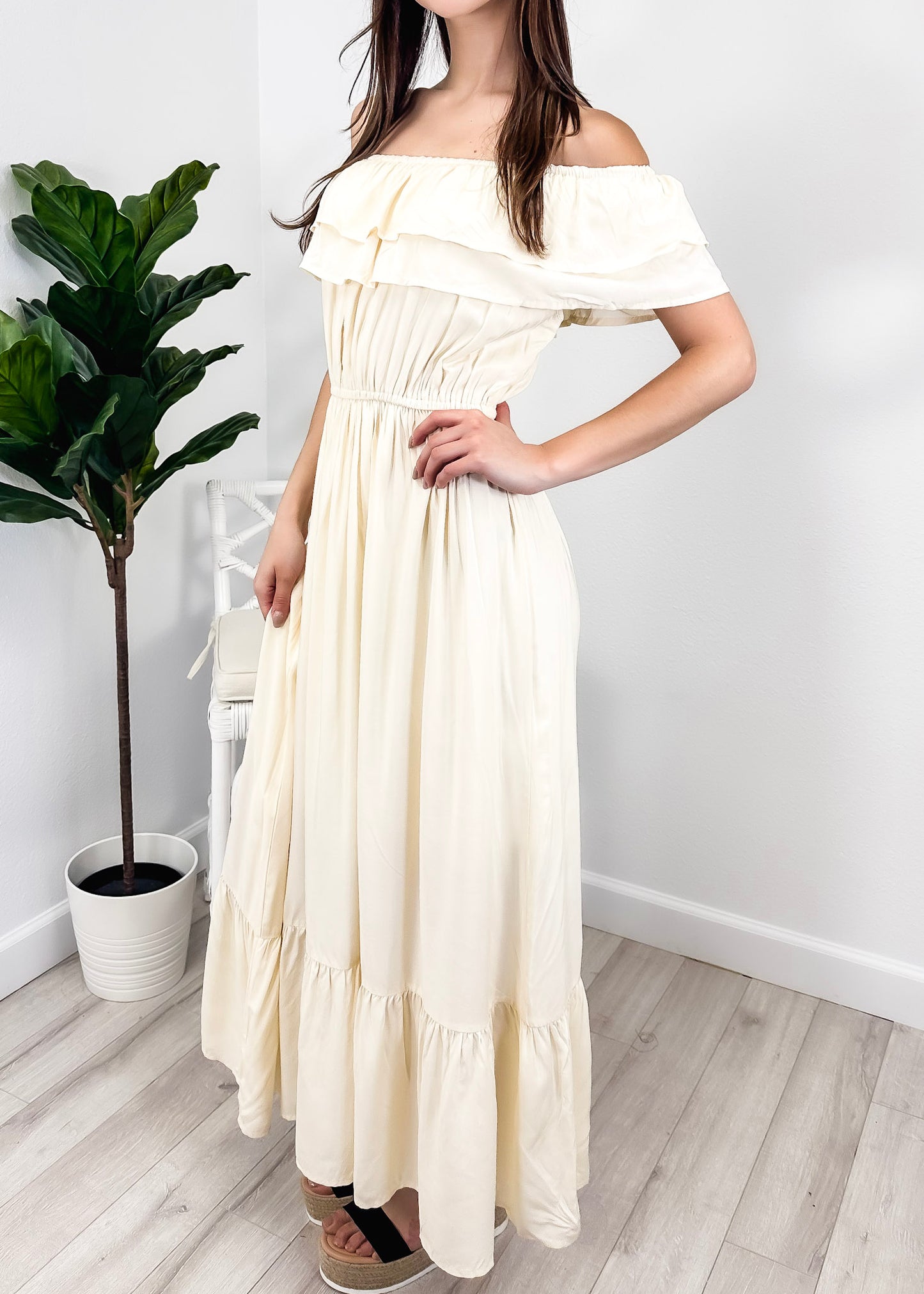 Grecian Ruffle Stretch Maxi Long Dress